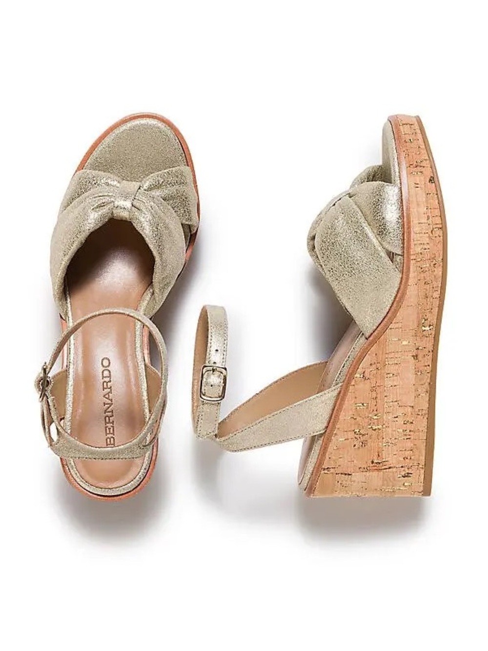 BERNARDO KEARNY CHAMPAGNE METALLIC SUEDE WEDGE CORK SANDALS 11